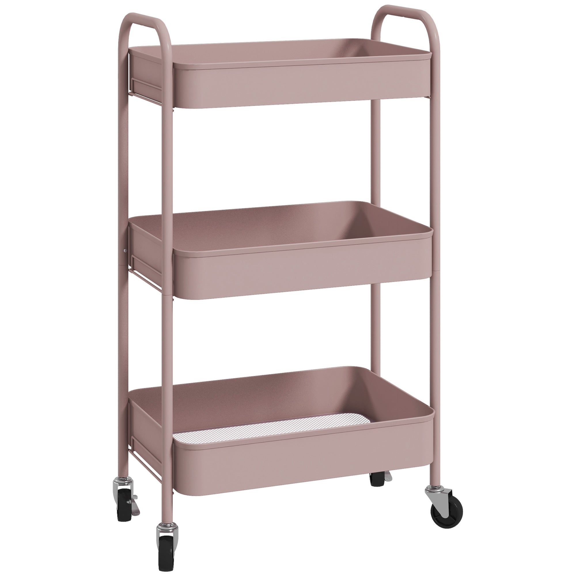 Carrello portaoggetti in acciaio, carrello di servizio con ruote, 3 ripiani traforati, 45 x 30,6 x 79 cm, rosa