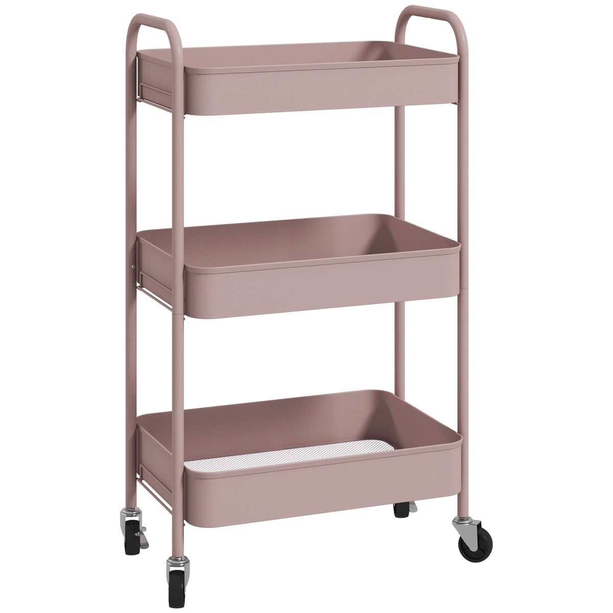 Desserte chariot de rangement en acier chariot de service à roulettes 3 plateaux ajourés 45 x 30,6 x 79 cm rose