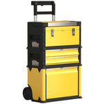 Lot de 3 boîtes à outils sur roulettes empilables et modulaires en acier avec plateau, poignées et serrure, jaune