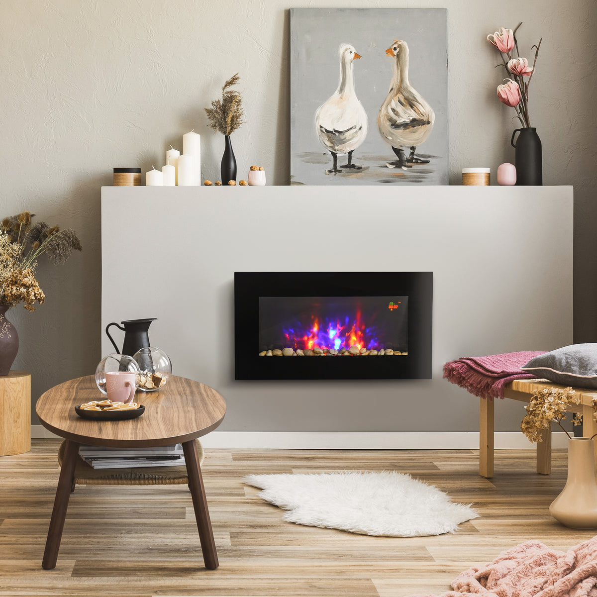 Cheminée électrique murale 1000/2000 W, cheminée décorative avec effet flamme 7 couleurs réglables, 72,5x11,5x40cm, noir