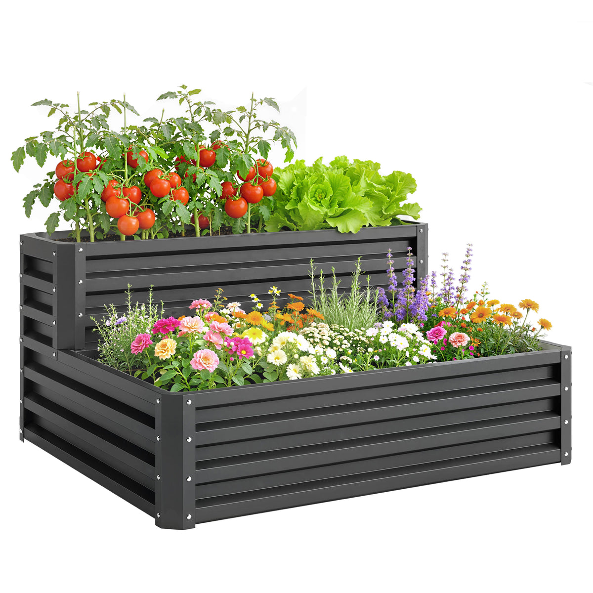 Carré potager de jardin fond ouvert 2 étages pour herbes légumes fruits fleurs 120 x 101 x 58 cm gris foncé