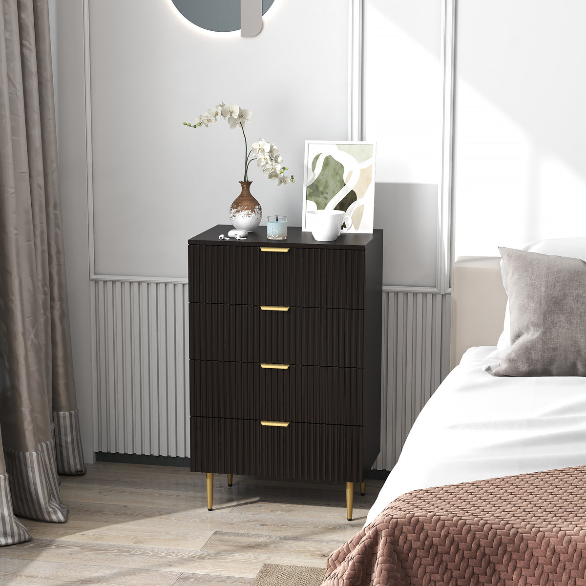 Commode 4 tiroirs commode chambre meuble de rangement moderne avec poignées et pieds dorés, dim. 60 x 40 x 96 cm, noir