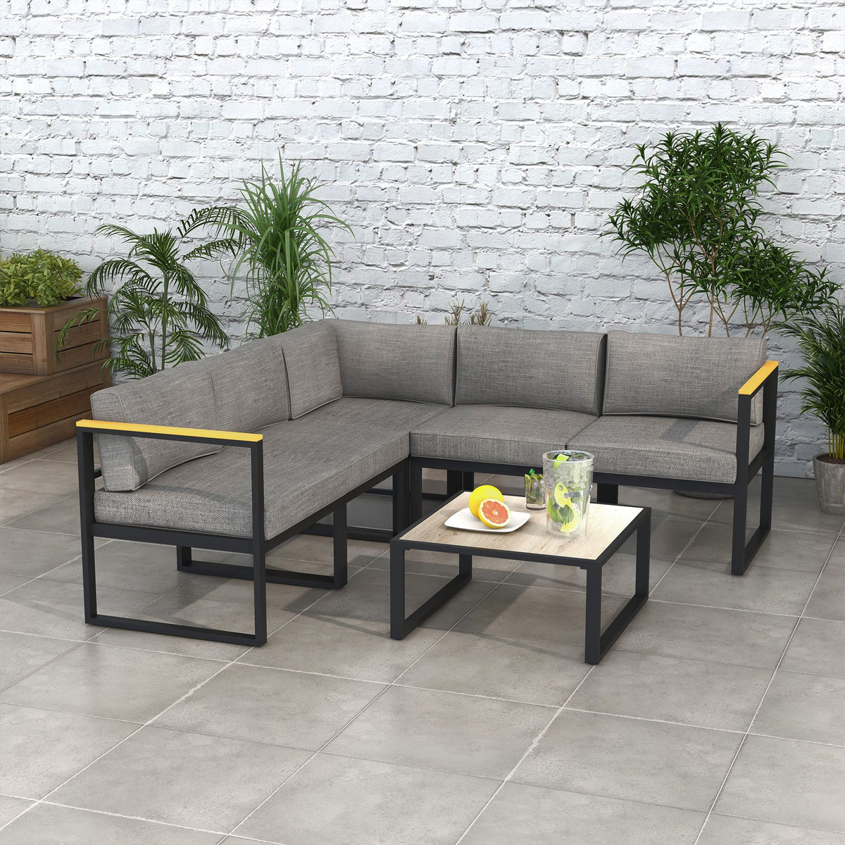 Ensemble Salon de Jardin d'angle extérieur Design Contemporain 6 pièces pour 5 personnes - en aluminium, grand confort
