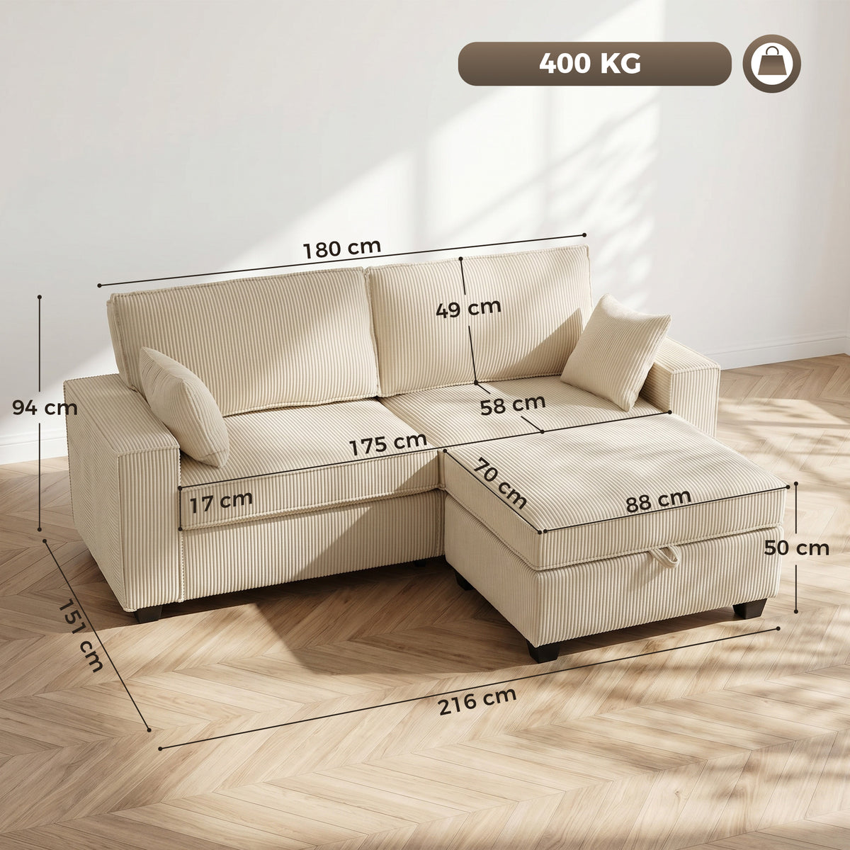 Canapé 3 Places avec Pouf de Rangement, Canapé d'Angle en Velours Côtelé, Assise Large, 2 Coussins, Beige