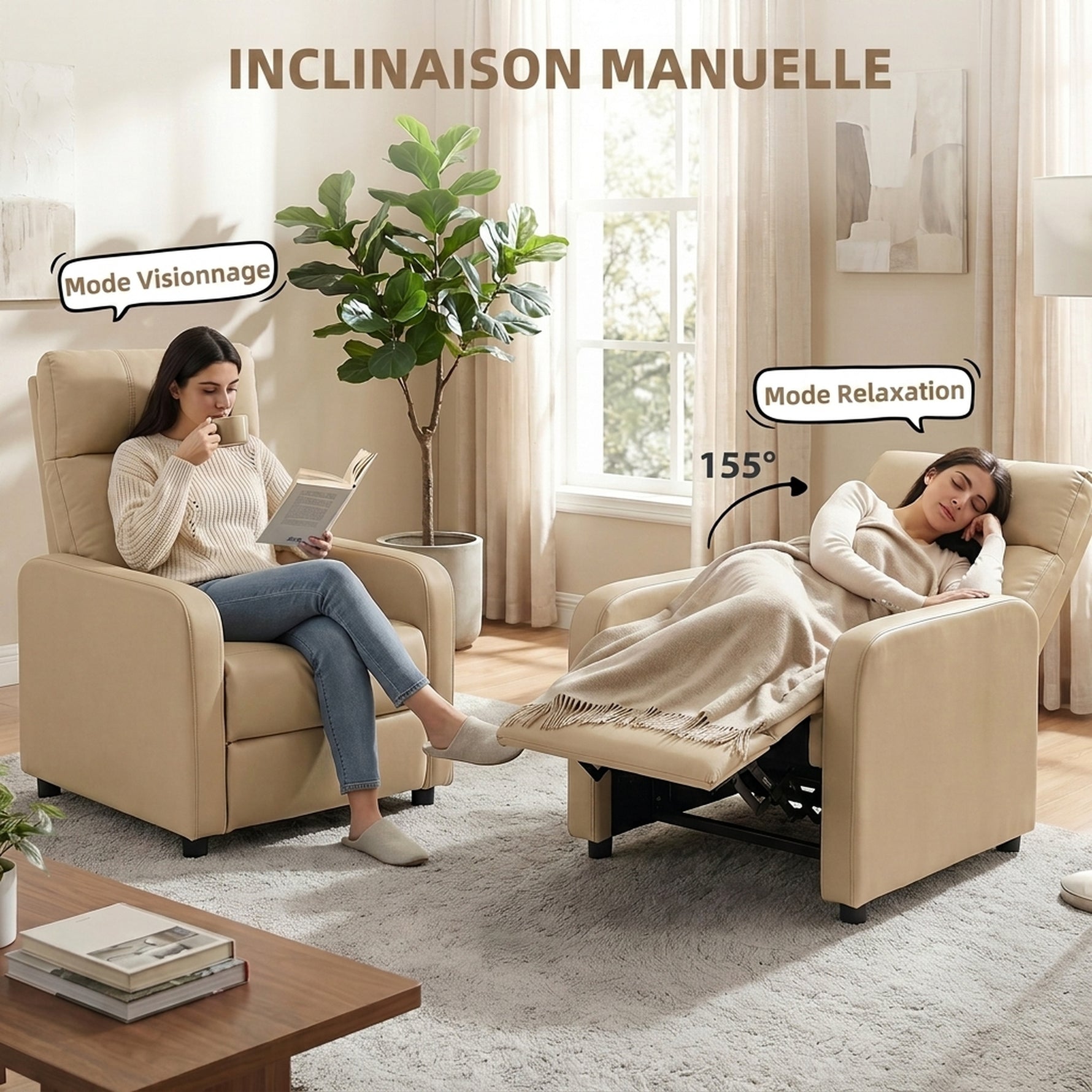 Fauteuil Relax Inclinable, Fauteuil de Relaxation en PU avec Repose-Pieds, Dossier Réglable par Poussée, Beige