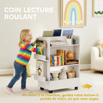 Bibliothèque pour enfant avec roulettes, rangement livre enfant de 3 à 8 ans avec tableau noir, 66,5x32,5x86,5cm, blanc