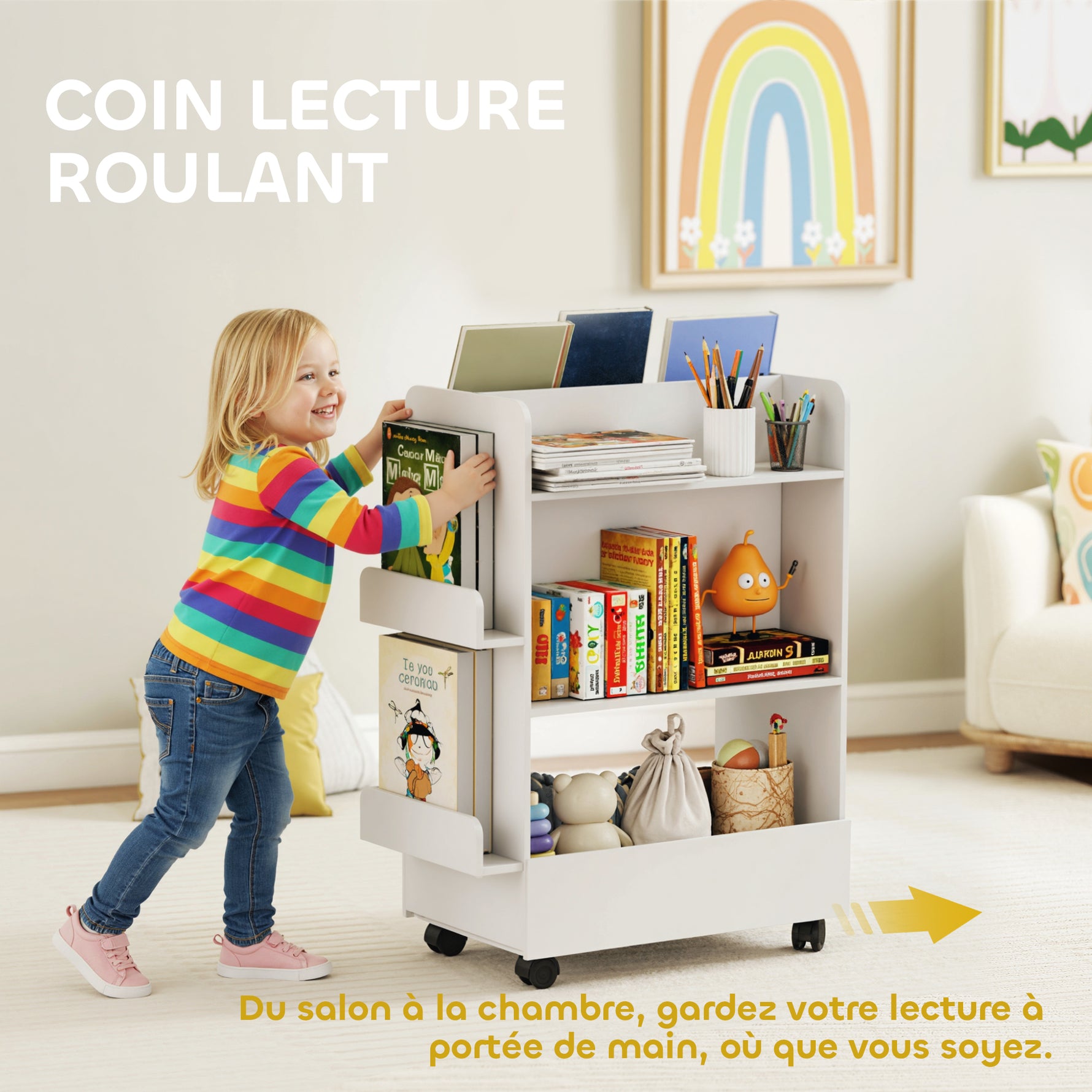 Bibliothèque pour enfant avec roulettes, rangement livre enfant de 3 à 8 ans avec tableau noir, 66,5x32,5x86,5cm, blanc