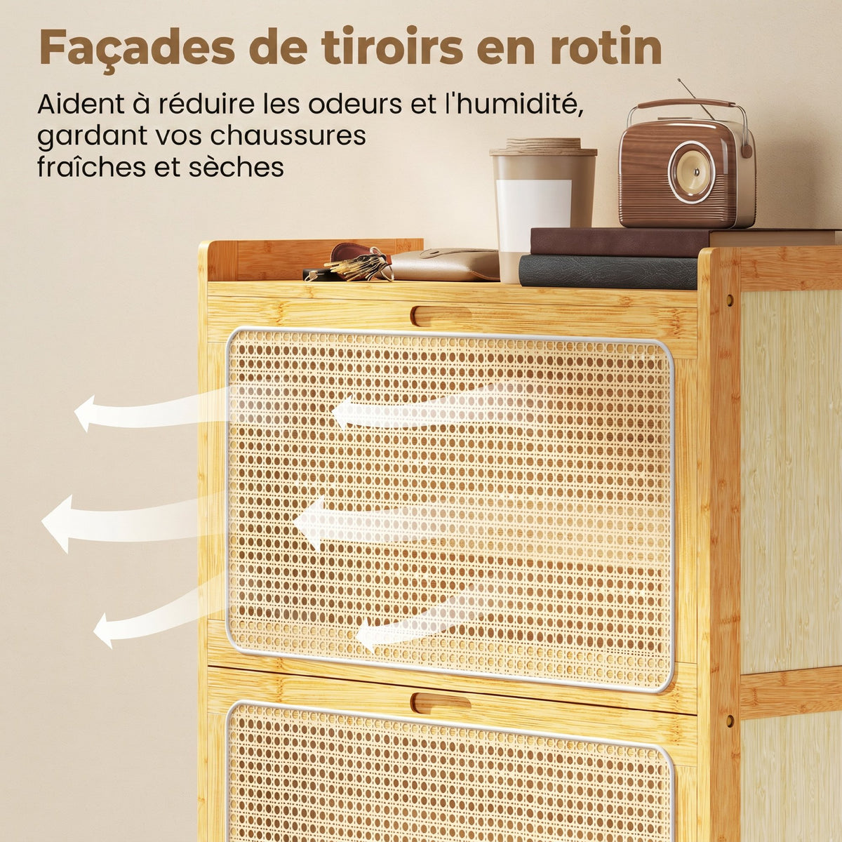 Meuble à chaussures 14 paires, armoire à chaussures 2 tiroirs rabattables, étagères réglables, 69x29x83cm, bois naturel