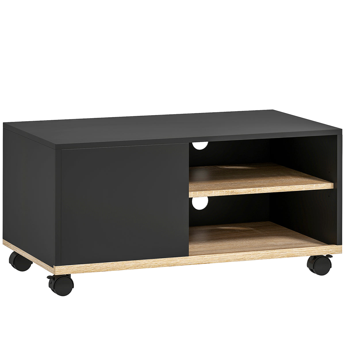 Meuble TV sur roulettes avec 2 Freins - 2 niches + Placard Porte 2 Passe-Fil - en bois Noir chêne Clair