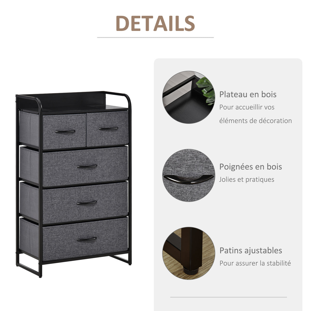Commode Meuble de Rangement 5 tiroirs Pliables en Tissu 58 x 29 x 99 cm Gris