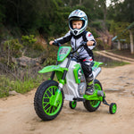 Moto Cross électrique pour Enfant 3 à 5 Ans 12 V 3-8 Km/h avec roulettes latérales Amovibles dim. 106,5L x 51,5l x 68H cm Vert