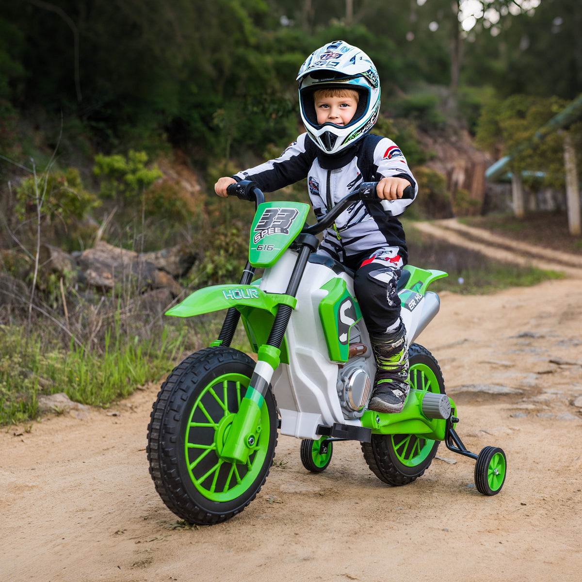 Moto Cross électrique pour Enfant 3 à 5 Ans 12 V 3-8 Km/h avec roulettes latérales Amovibles dim. 106,5L x 51,5l x 68H cm Vert
