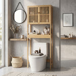 Étagère de toilettes meuble de salle de bain dessus toilette WC avec placard 2 portes et étagère ouverte bambou
