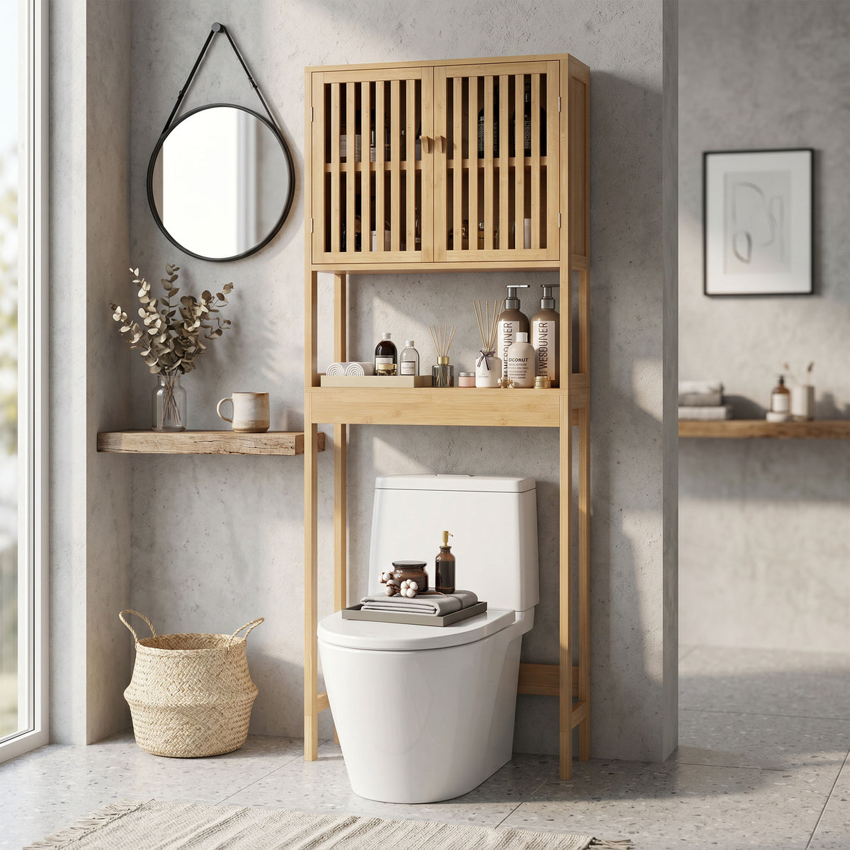 Étagère de toilettes meuble de salle de bain dessus toilette WC avec placard 2 portes et étagère ouverte bambou