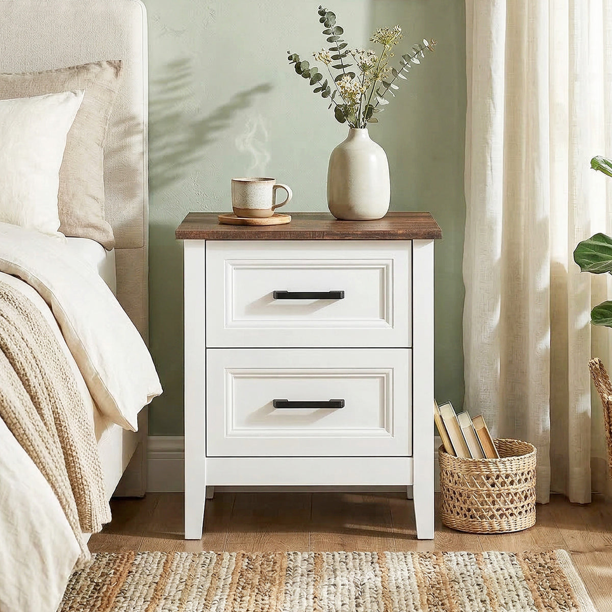 Table de chevet, table de nuit avec 2 tiroirs, plateau effet bois, style rustique, pour chambre à coucher, salon, blanc