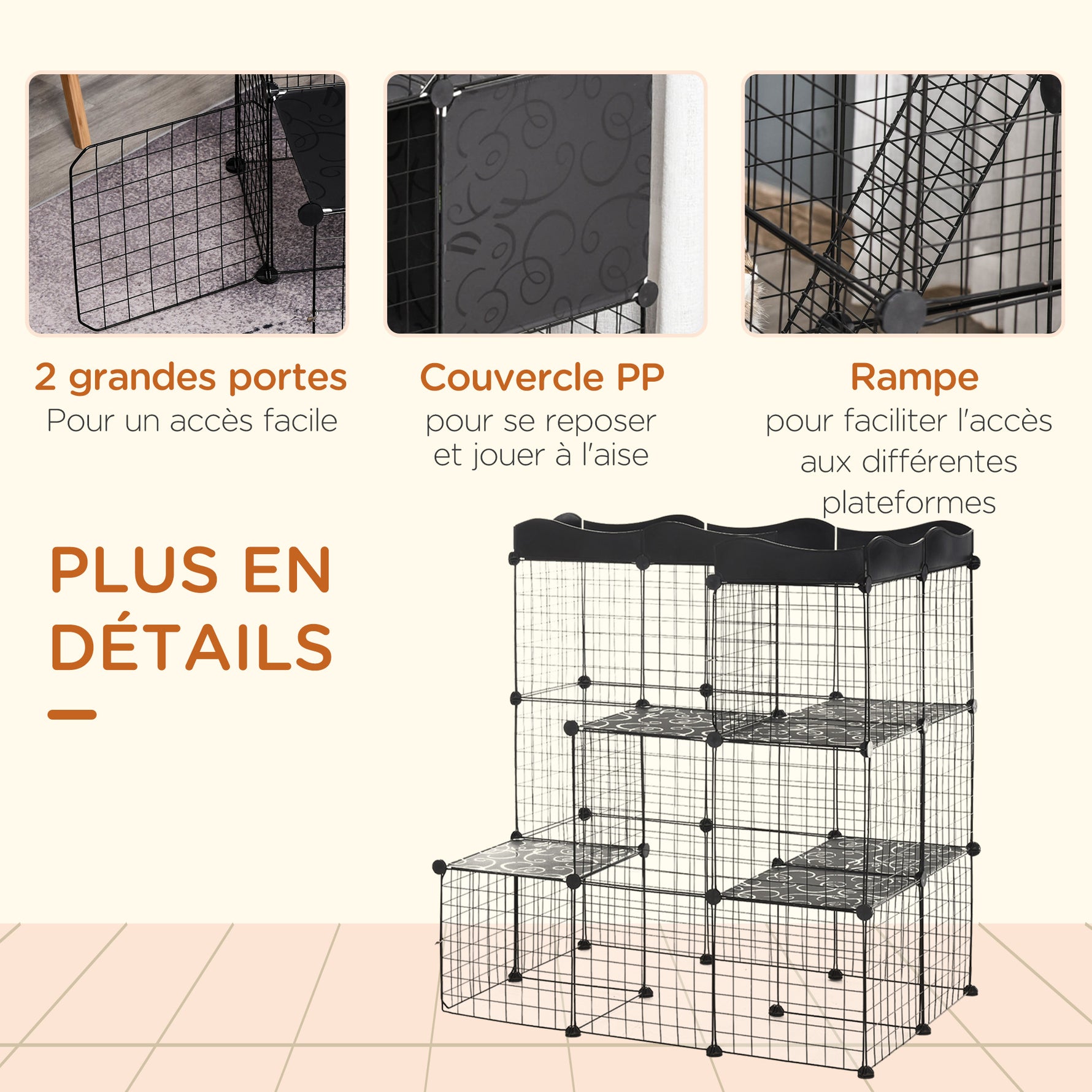 Lot de 2 cages parc enclos pour petits animaux chats visons modulable 3 niveaux 2 portes rampe fil métallique noir