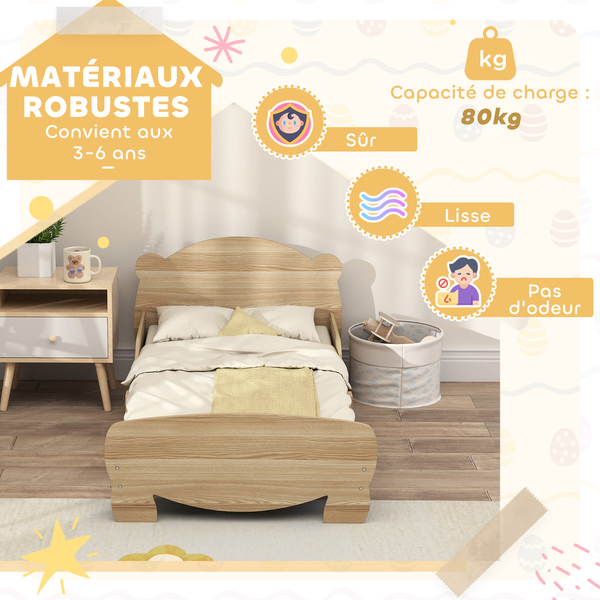 Lit enfant 70x140 cm avec barrières de sécurité thème d'ours pour garçons, filles, âgés de 3 à 6 ans, bois naturel