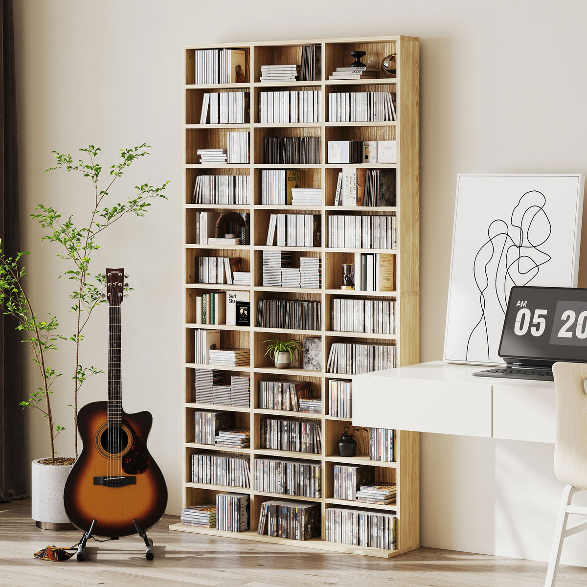 Rangements pour CD et DVD, étagère rangement 1116 CD/528 DVD, 36 compartiments et étagères réglables, chêne