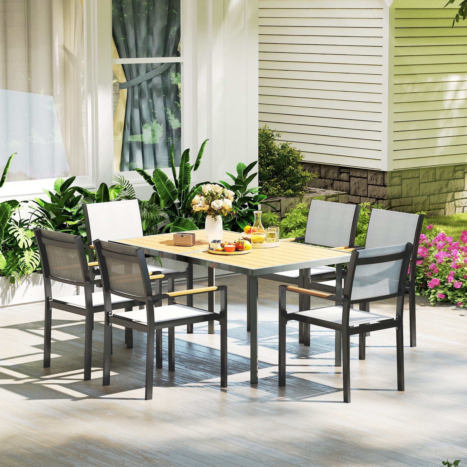 Table à manger de jardin pour 6 personnes table de jardin avec plateau effet bois en acier 150 x 90 x 72 cm bois naturel