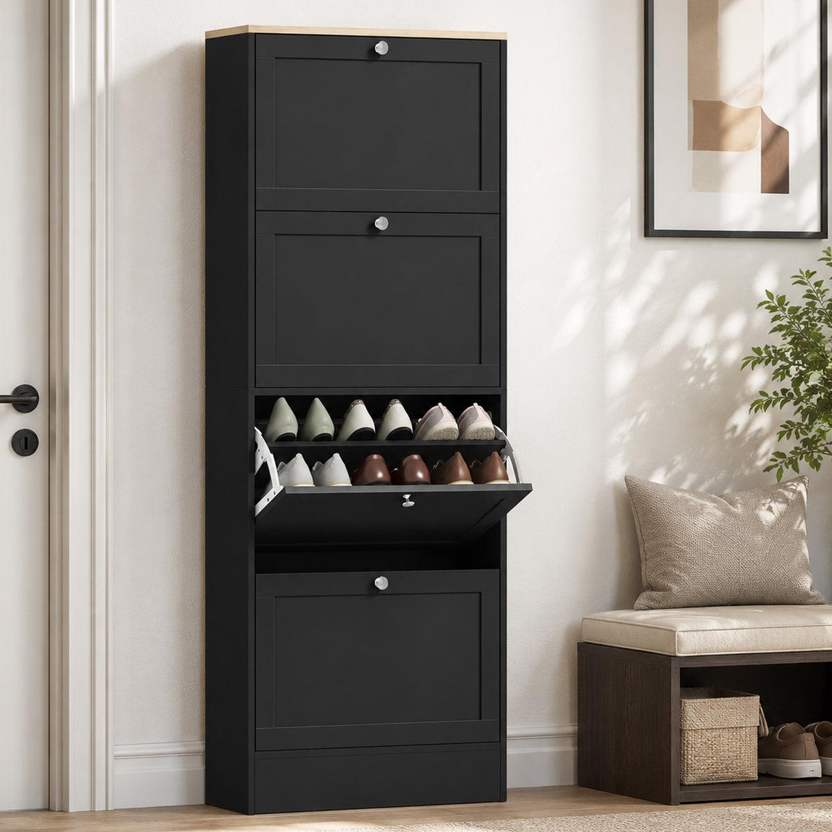 Meuble à chaussures 24 paires, armoire à chaussures avec 4 tiroirs rabattables, étagères réglables, 60x23,5x153cm, noir
