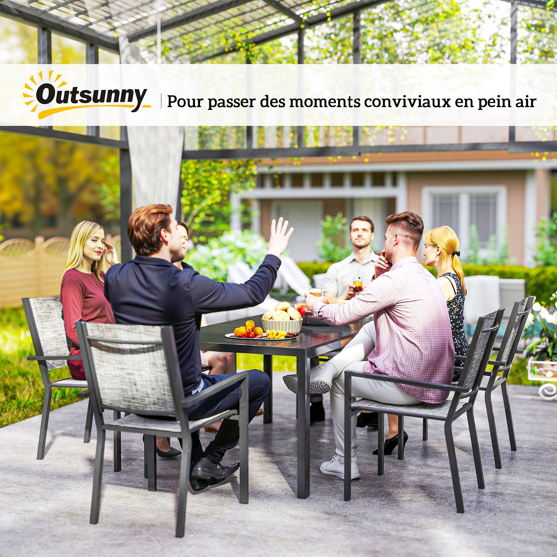 Table de jardin extérieure avec 6 chaises empilables, plateau à lattes 150 cm, structure en acier anti-rouille, noir
