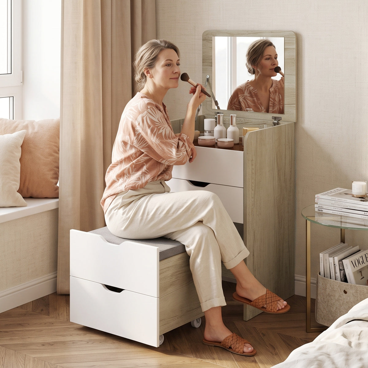Dressing table with flip-top mirror and storage stool, makeup table, 2 drawers, padded seat, white oak