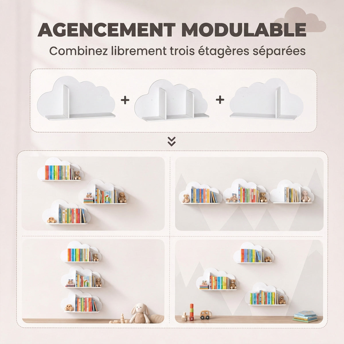 Set di 3 mensole portalibri da parete per bambini, a forma di nuvola, libreria per bambini 3-8 anni, bianco