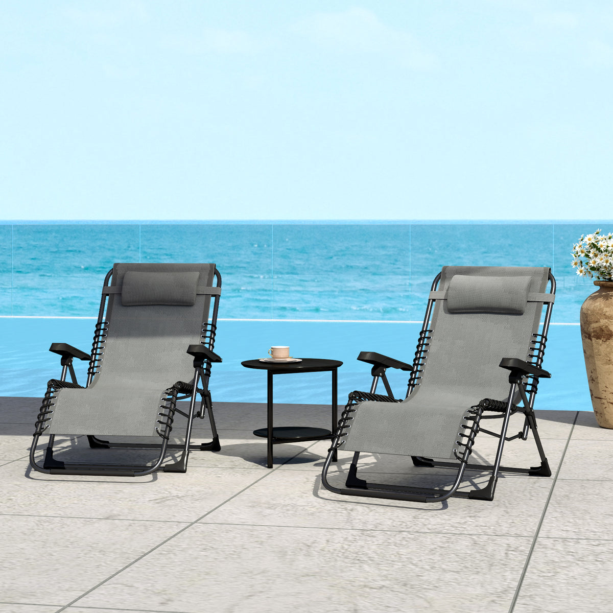 Lot de 2 bain de soleil, chaise longue pliante inclinable avec appuie-tête en textilène, 90 x 65 x 112 cm, gris