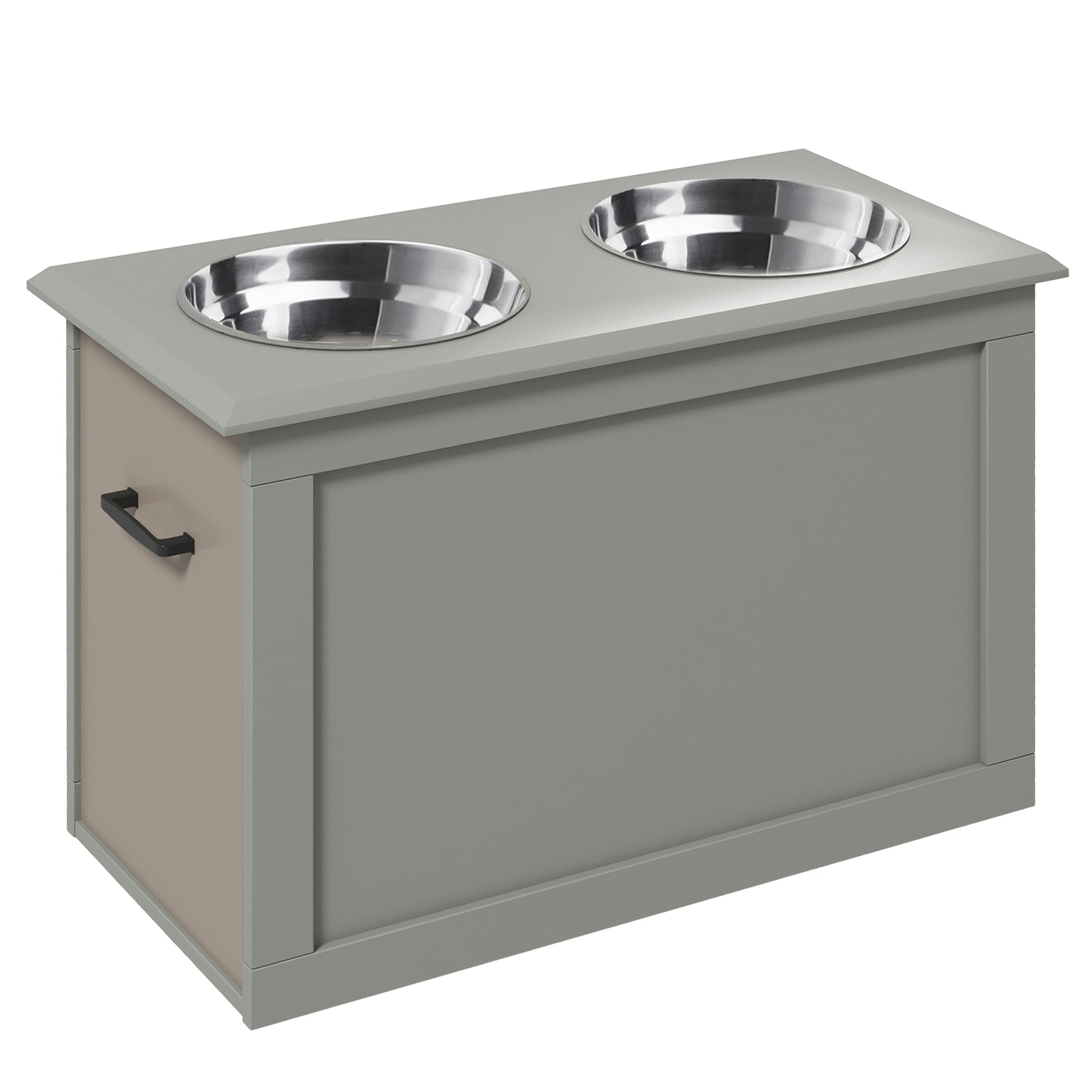 Gamelles chiens surélevées gamelle double chien chat Porte-gamelles surélevé dim. 60L x 30l x 41H cm 2 gamelles 2L poignées coffre bois gris
