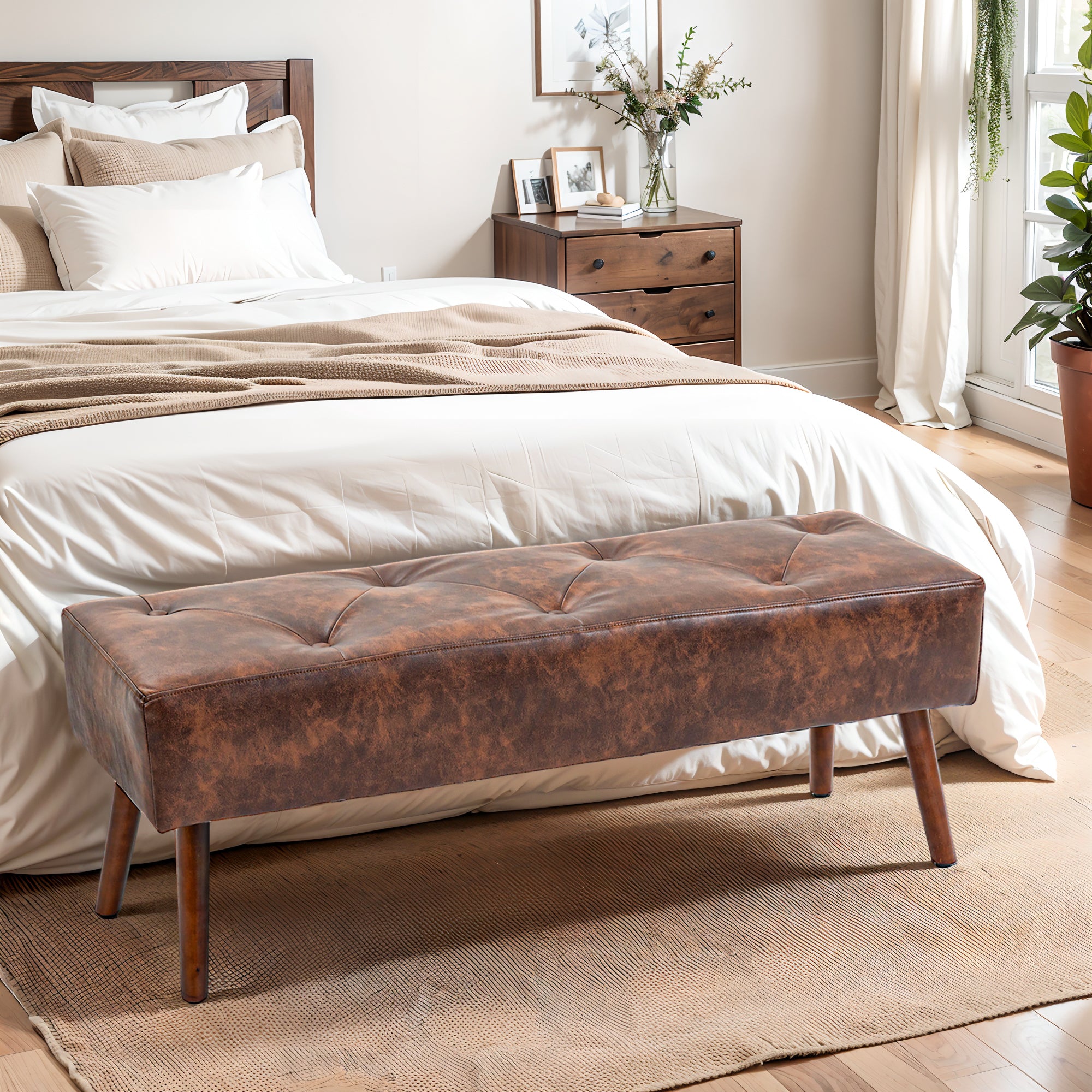 Bettbank, gepolsterte Sitzbank im Vintage-Stil, 114 x 38 x 42 cm, Holzgestell, Bezug in brauner Antik-Optik