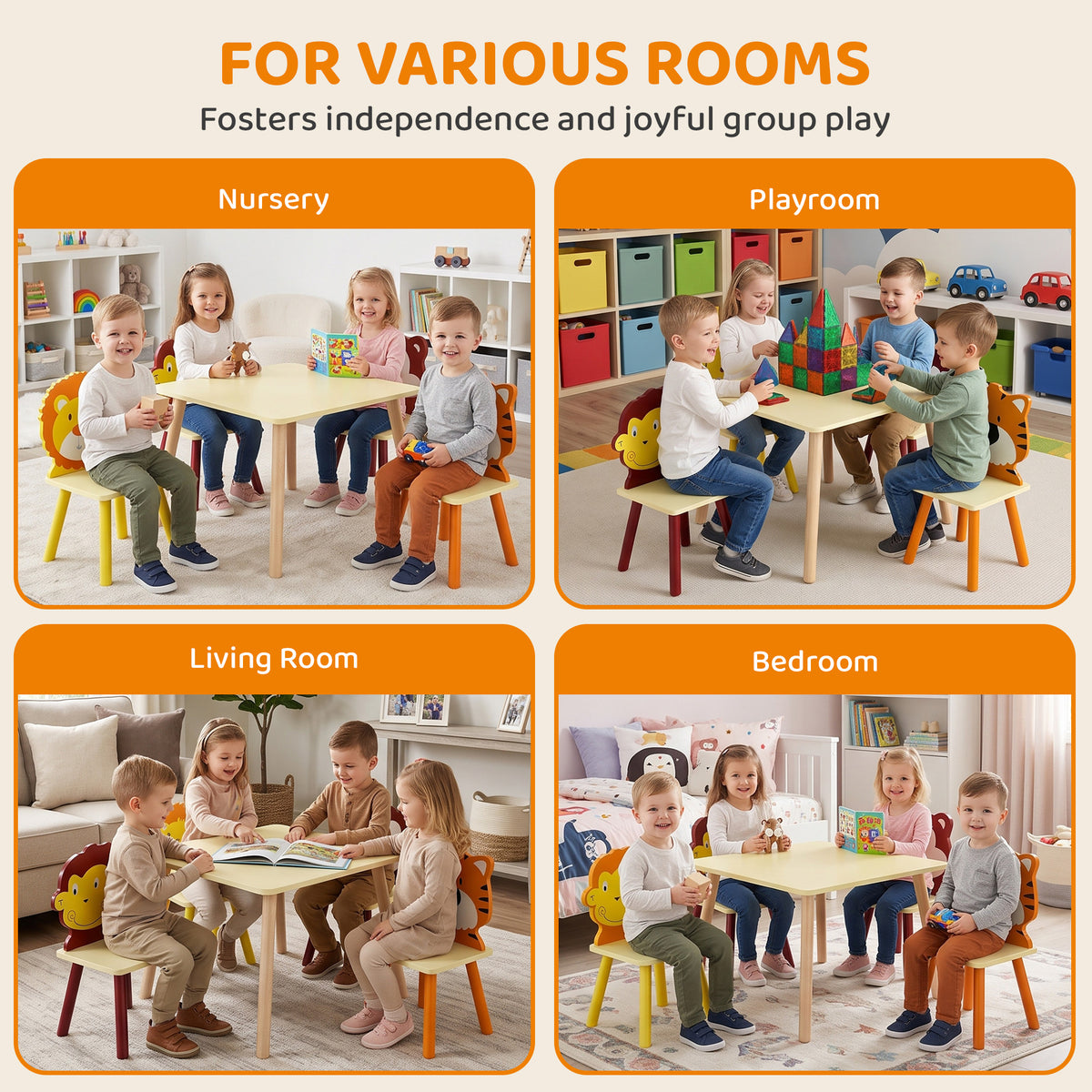 Kinderkamertafelset met 4 stoelen, 5-delig houten meubelset, rugleuningen in diervorm, afgeronde hoeken, 3-8 jaar, geel