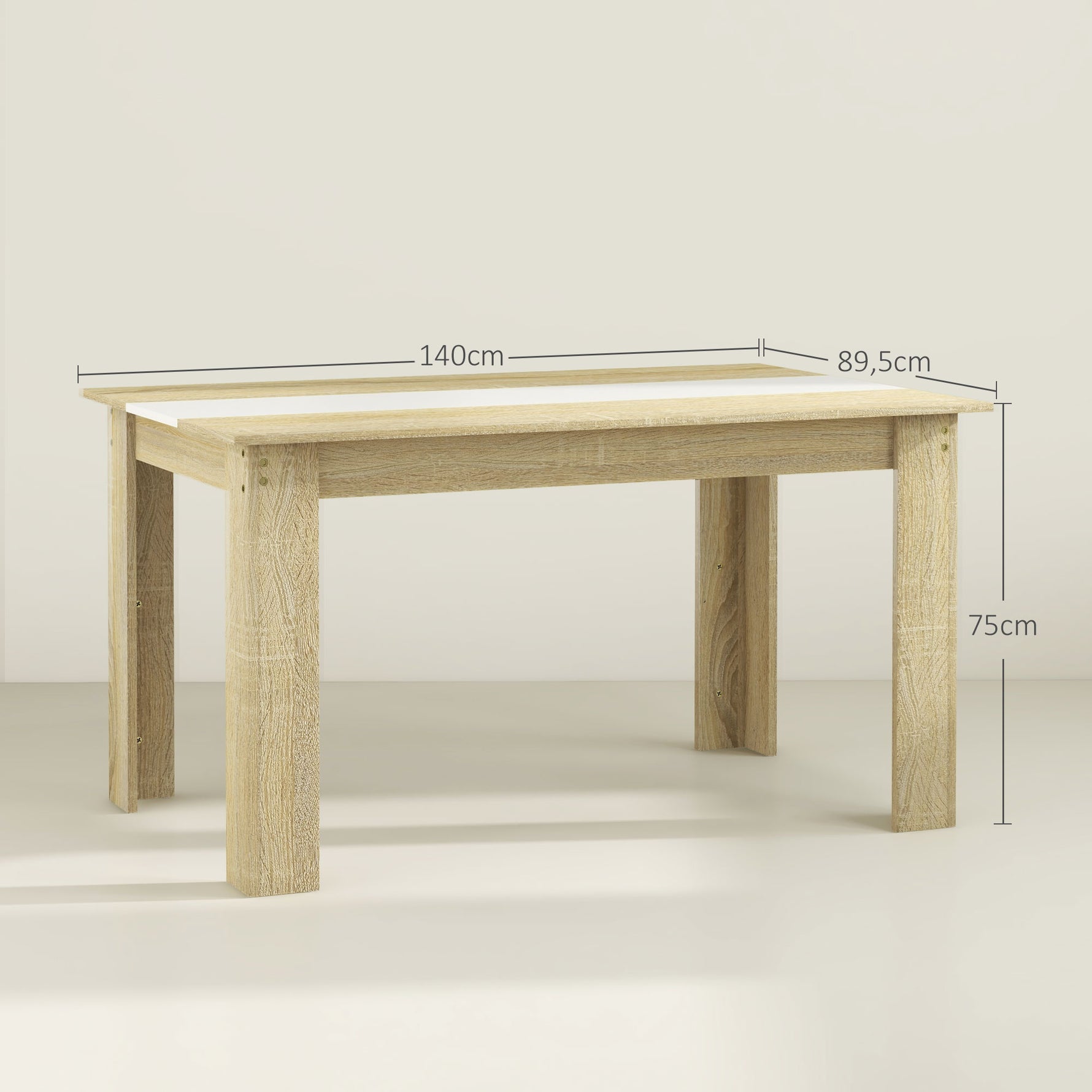 Table de salle à manger pour 6 personnes en bois aspect naturel et blanc, dim. 140L x 90l x 75H cm