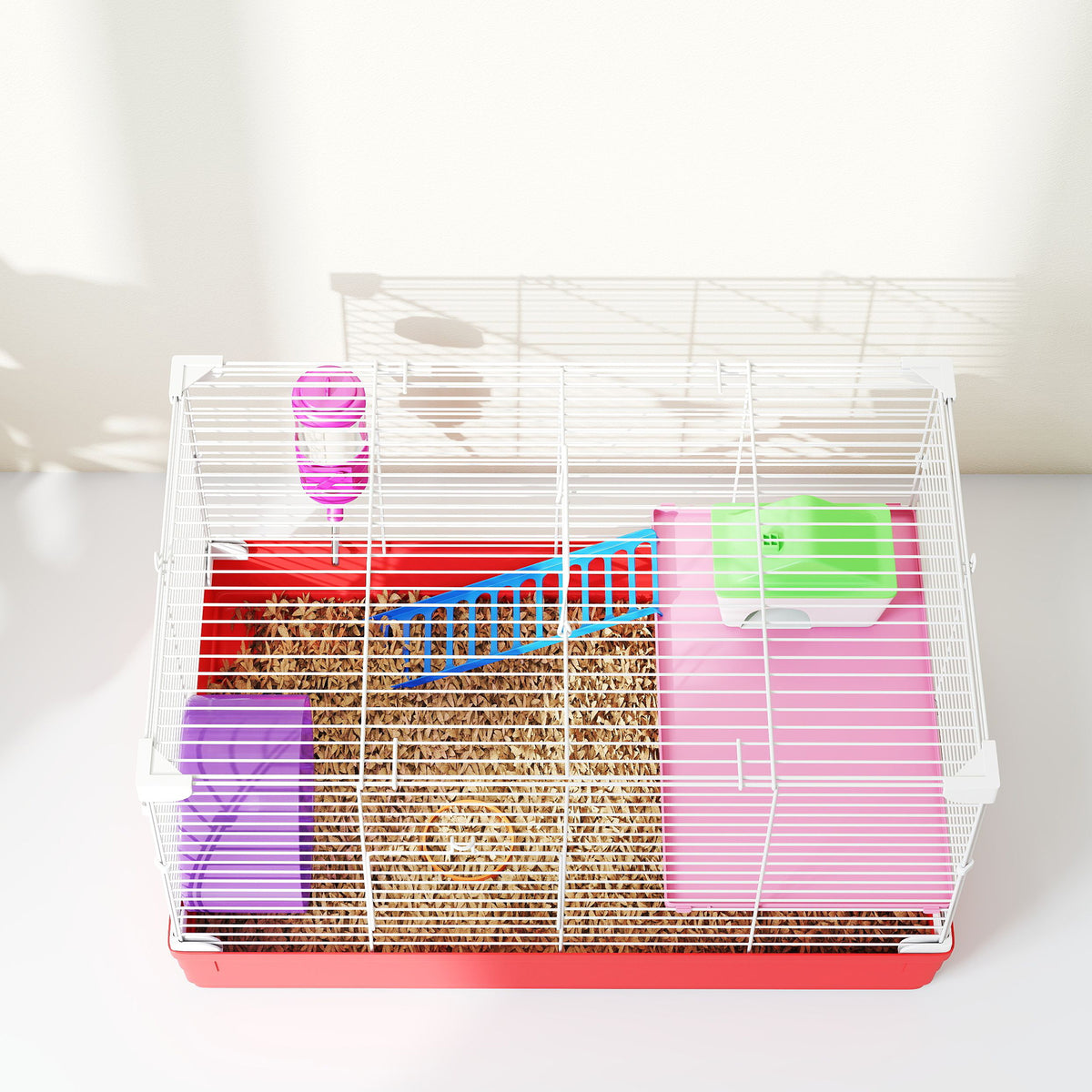 Cage hamster, cage rongeur à 2 niveaux, base amovible nettoyage facile, cabane, roue d'exercice, 47 x 30 x 27 cm, blanc