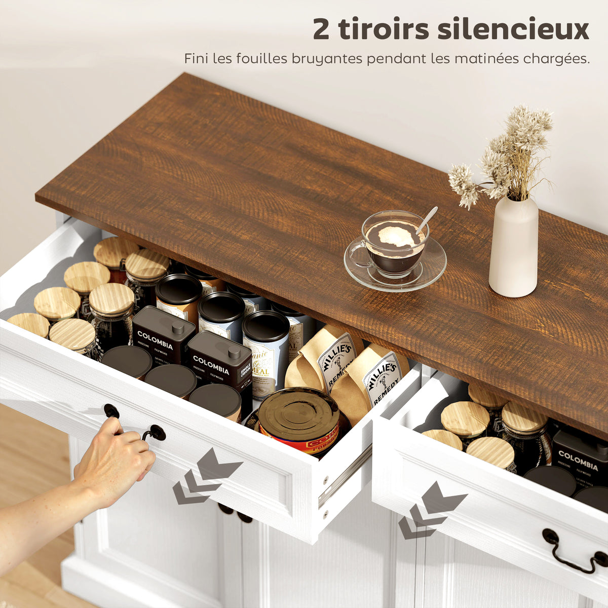 Buffet salon, meuble de rangement avec 4 portes, 2 tiroirs silencieux, étagères réglables, 140x40x85cm, blanc et marron