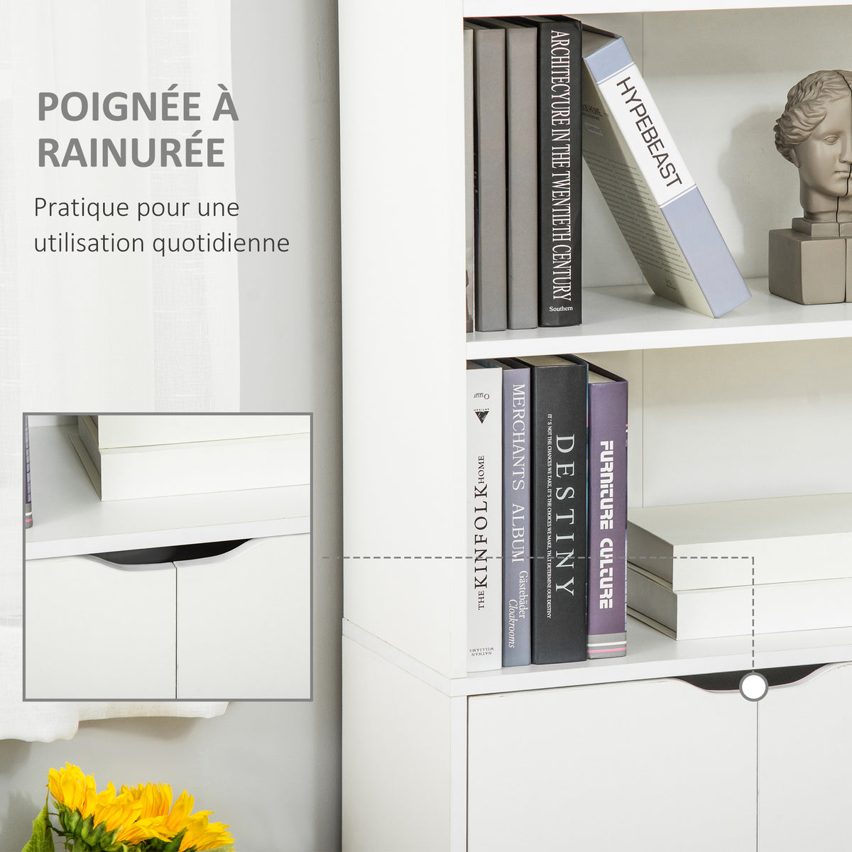 Bibliothèque Armoire à livres avec 4 compartiments ouverts et 2 portes pour le salon et le bureau 59x29x180 cm Blanc