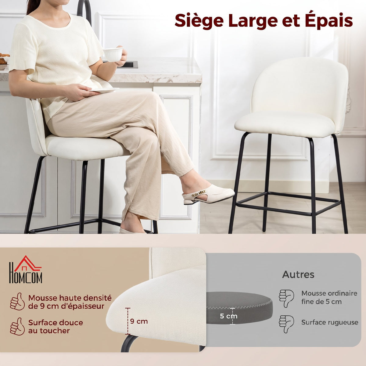 Set di 2 Sgabelli da Bar, Sedie da Bar, Poggiapiedi e Schienale, Tessuto Effetto Lino, Altezza Seduta 68cm, Crema