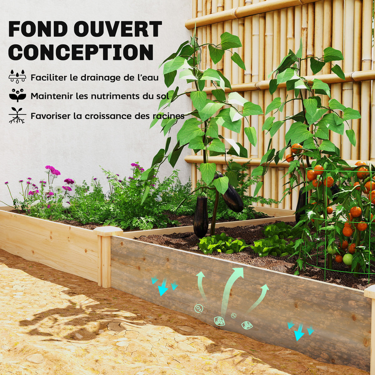 Carré Potager de jardin en Bois massif, Jardinière Surélevé avec séparateur, 235 x 121 x 26 cm, effet Bois Naturel