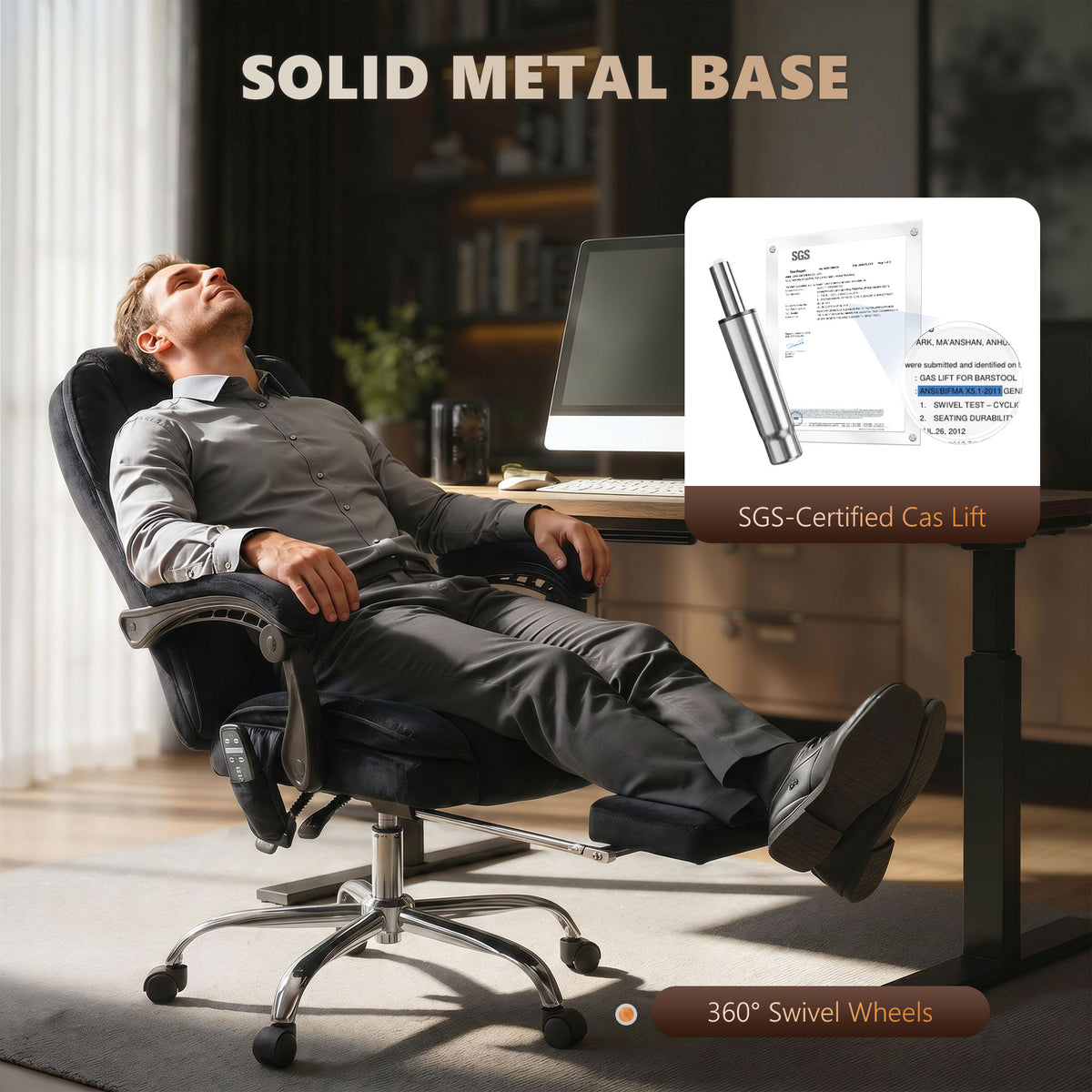 Massage and heating office chair, adjustable height, reclining backrest, remote control, retractable footrest, black