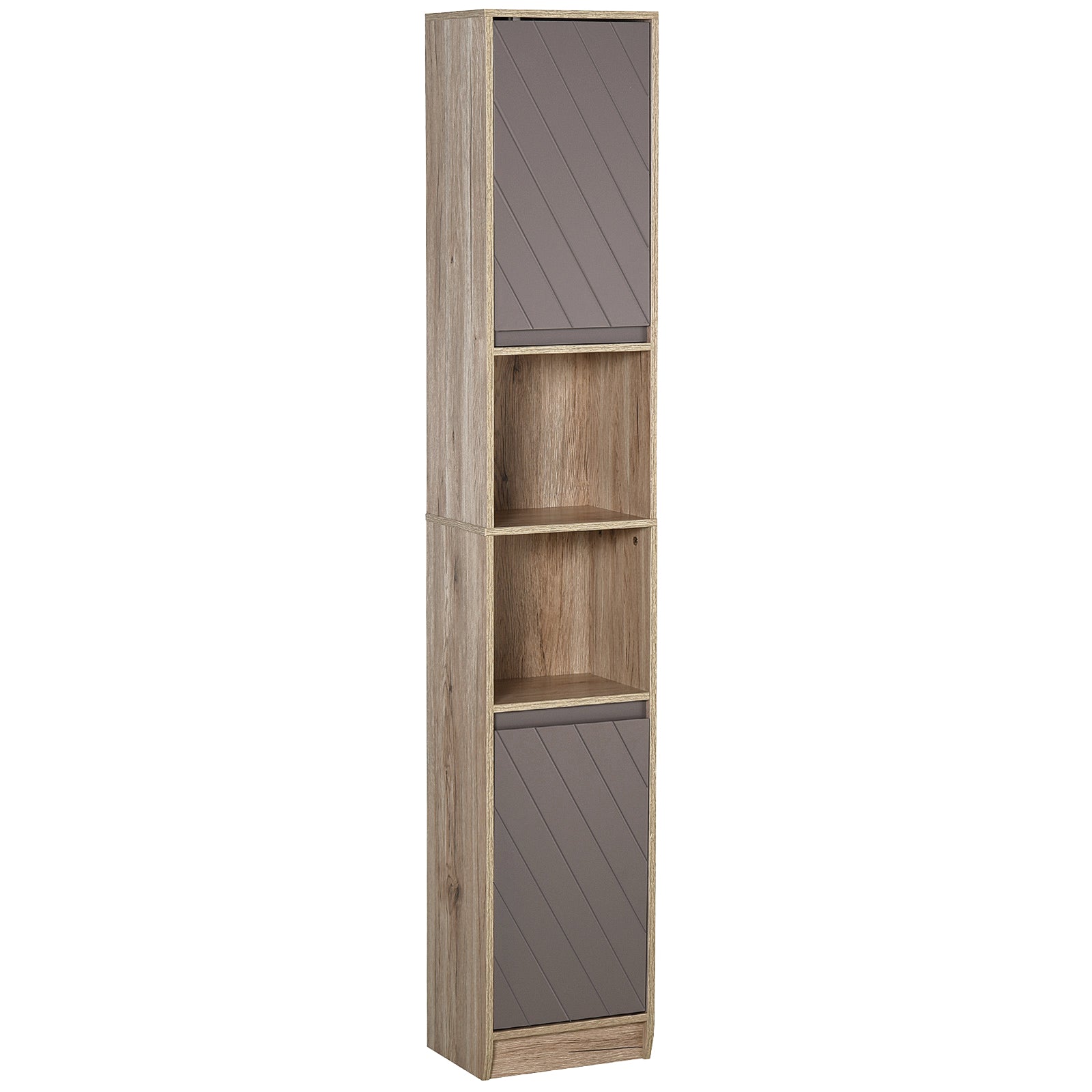Meuble colonne salle de bain à 6 niveaux, meuble de rangement étroit avec 2 portes, 2 compartiments ouverts et étagère réglable, pour toilette, petits espaces, 30 x 24 x 170 cm gris et chêne