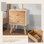 Chevet Table de Nuit Design scandinave 40L x 30l x 56H cm tiroirs Bois Massif pin MDF Blanc et hêtre Motif Graphique