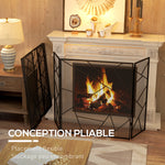 Pare feu cheminée pliable 3 panneaux en acier avec décor géométrique et pieds antidérapants, 135l x 1,2P x 85H cm, noir-4