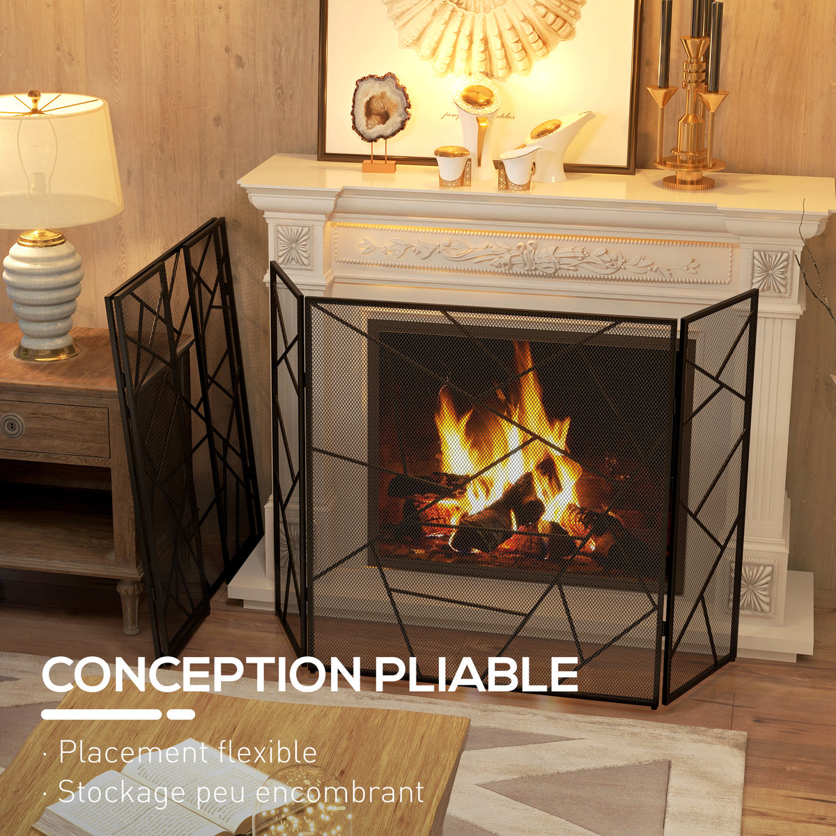 Pare feu cheminée pliable 3 panneaux en acier avec décor géométrique et pieds antidérapants, 135l x 1,2P x 85H cm, noir-4
