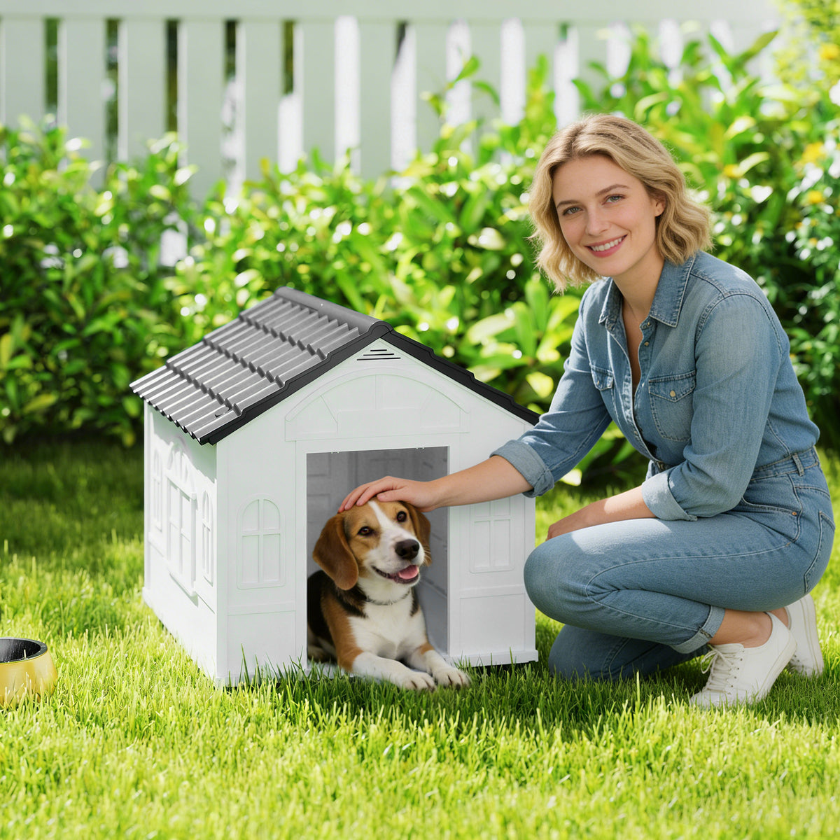 Niche pour Chien Extérieur pour Chiens Moyens et Grands, Maison pour Chien en PP Imperméable avec Toit en Pente, Porte Avant Ouverte et Ouverture d'Aération au-Dessus, 65 x 75,7 x 63 cm, Gris