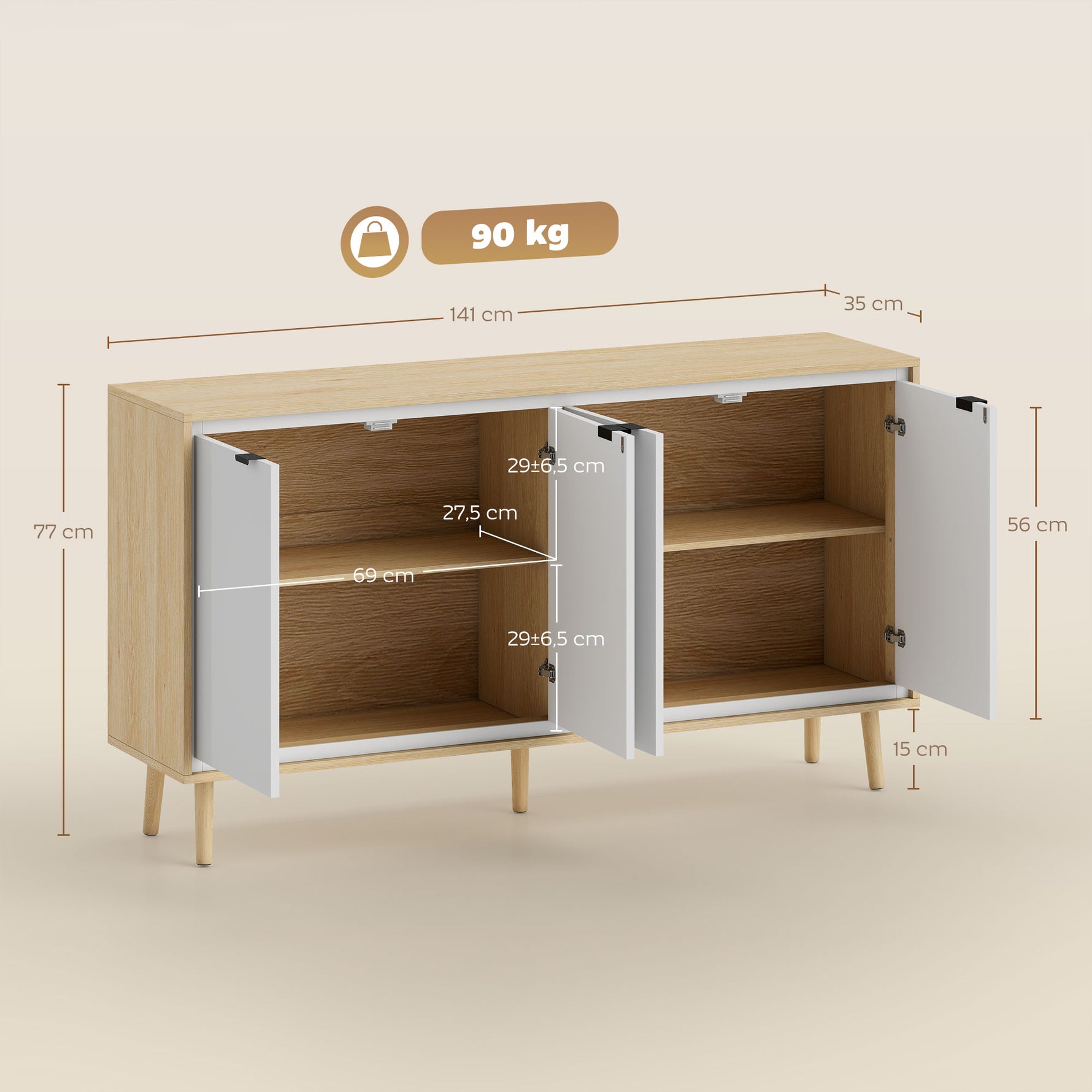 Buffet à haute brillance, meuble de rangement avec 4 portes, étagères réglables, 141 x 35 x 77 cm, blanc et chêne