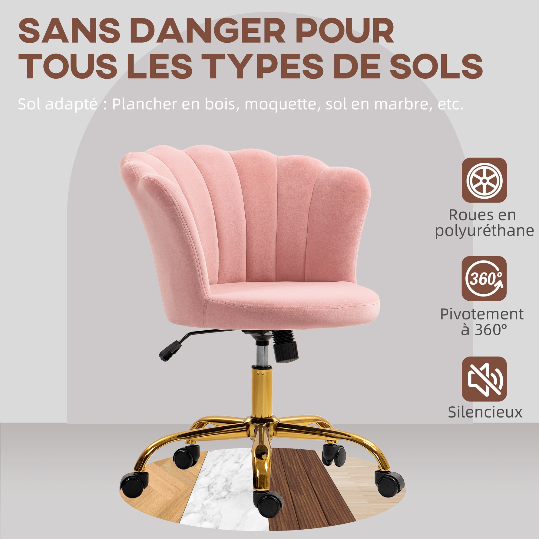 Chaise bureau en velours, chaise coiffeuse avec dossier en pétale, hauteur réglable, 69 x 64 x 80-90 cm, rose