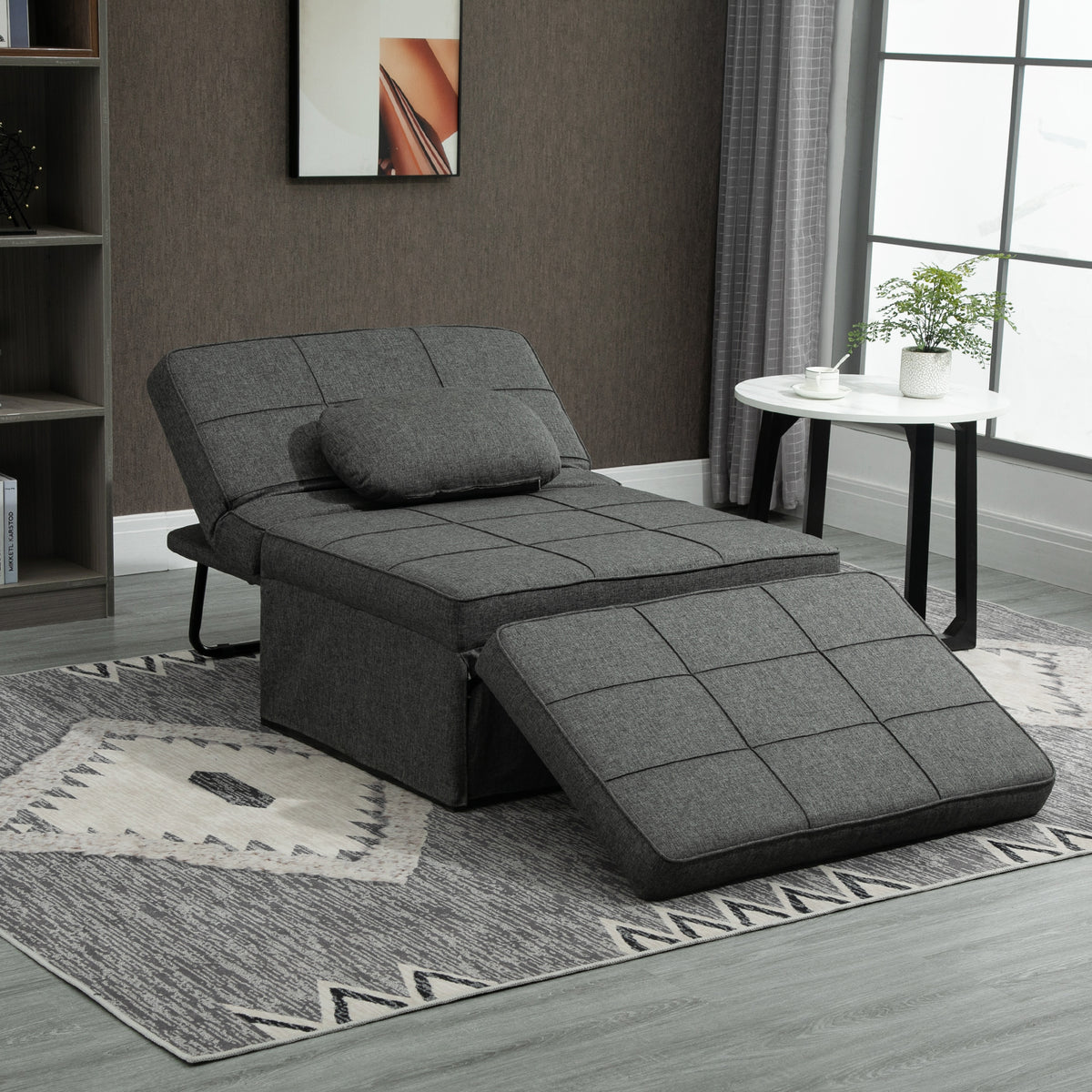 Chauffeuse 1 place 4 en 1 Fauteuil lit Convertible Pouf Dossier inclinable 5 Niveaux Repose-Pied Rabattable, Charge 200 Kg, châssis métal et Tissu Lin gris