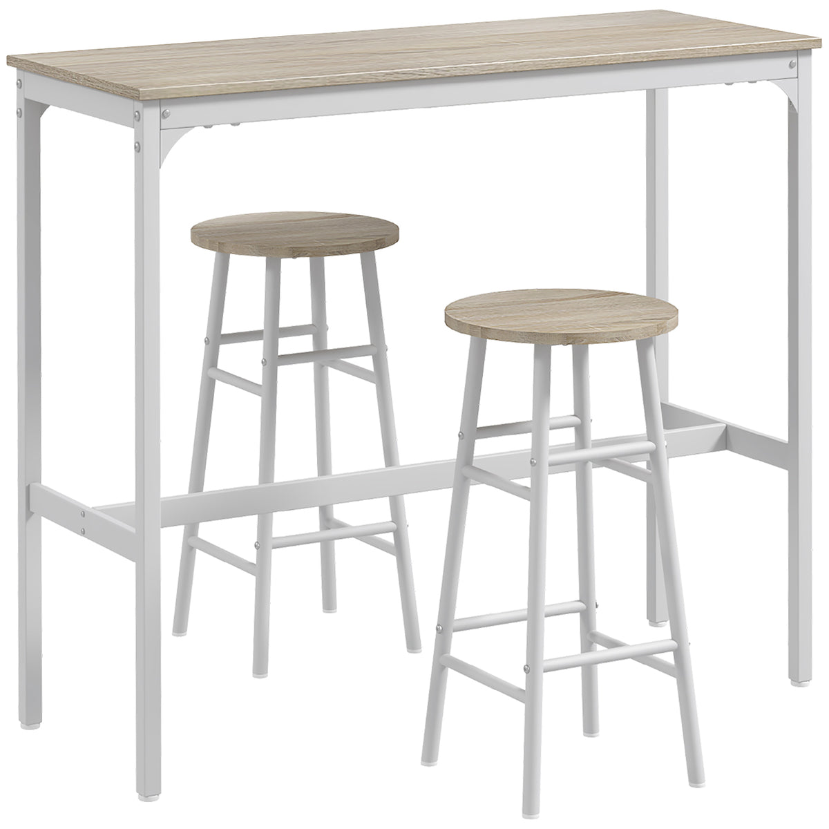 Ensemble table haute de bar + 2 tabourets structure en acier plateau aspect bois naturel 2 personnes blanc
