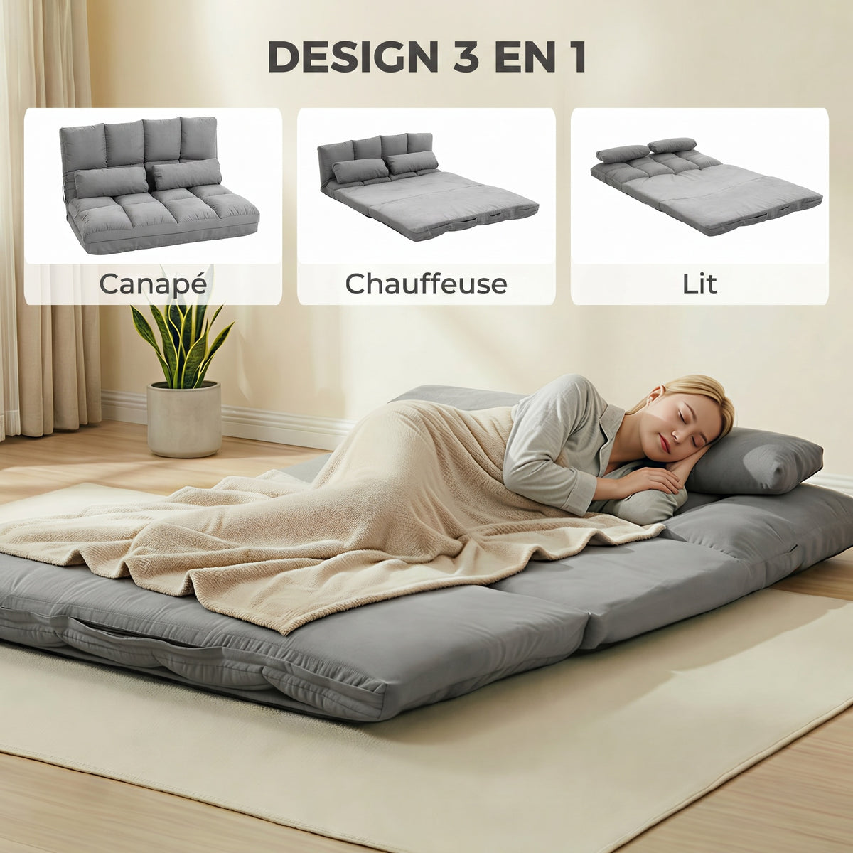 Chauffeuse 2 places canapé-lit convertible fauteuil de sol pliable dossier réglable 2 coussins inclus en polyester aspect suédé, pour salon, chambre et bureau, gris