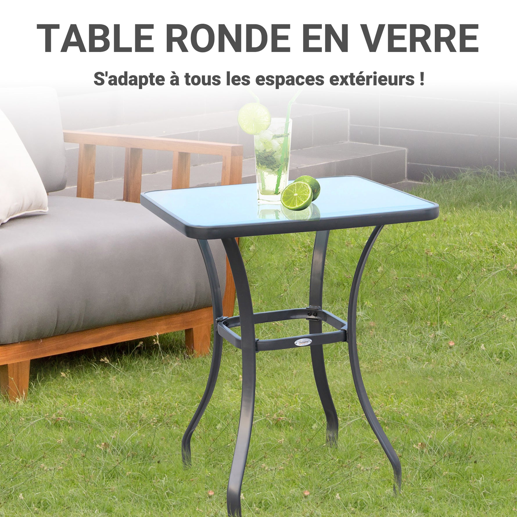 Table carrée Bistro de Jardin dim. 68L x 68l x 84H cm métal époxy Gris Plateau Verre trempé granité