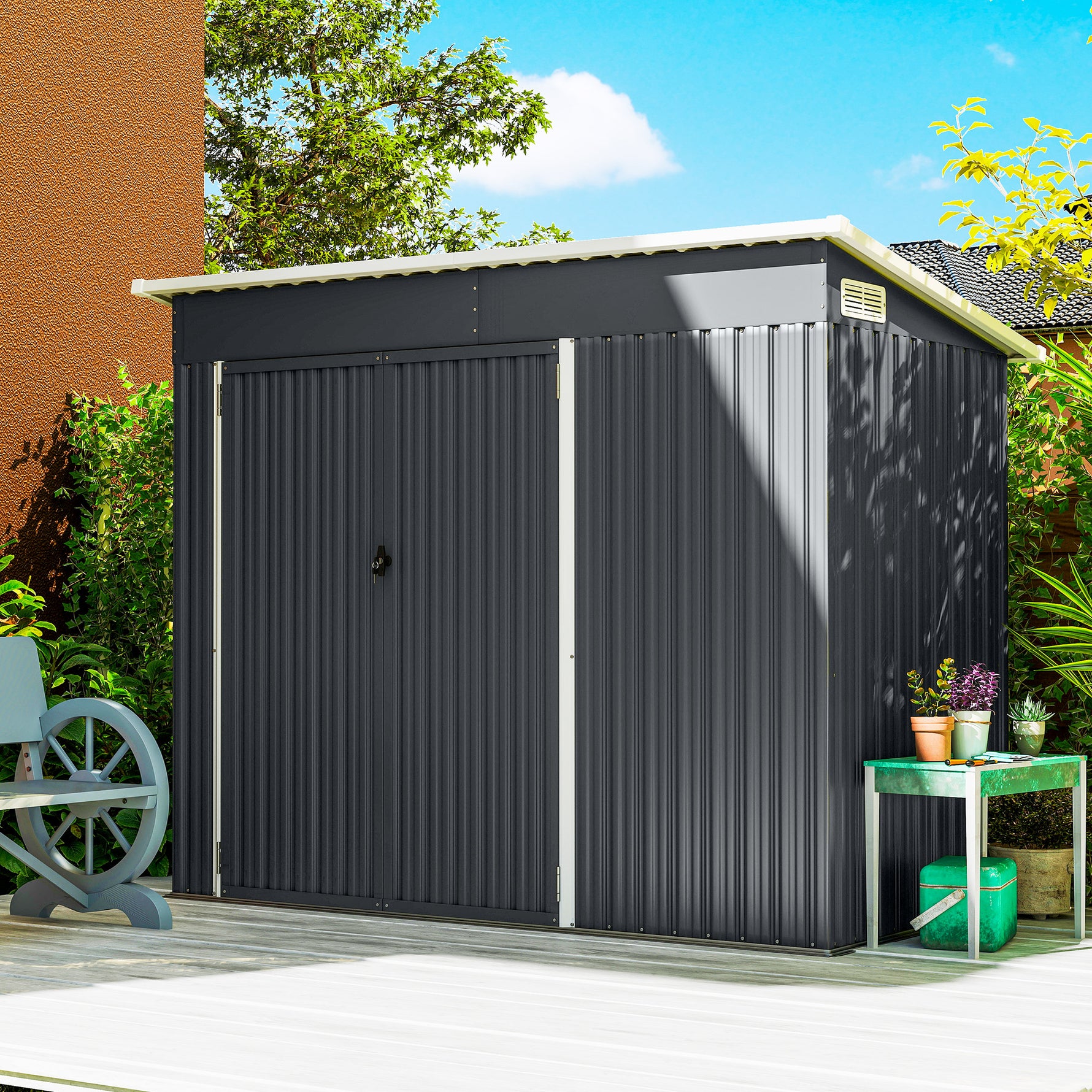 Abri de jardin en métal cabane jardin extérieure triple porte verrouillable toit incliné aérations 234x132x185cm gris